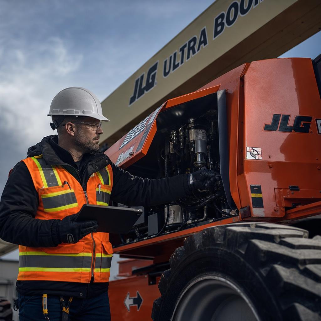 Engineer inspecting boom lift